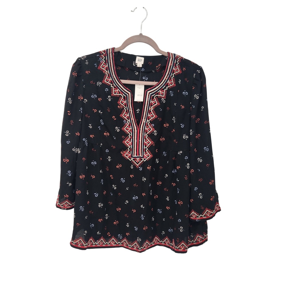 NWT Gap Floral Embroidered 3/4 Wide Sleeve V-Neck Boho Tunic Top Black Large